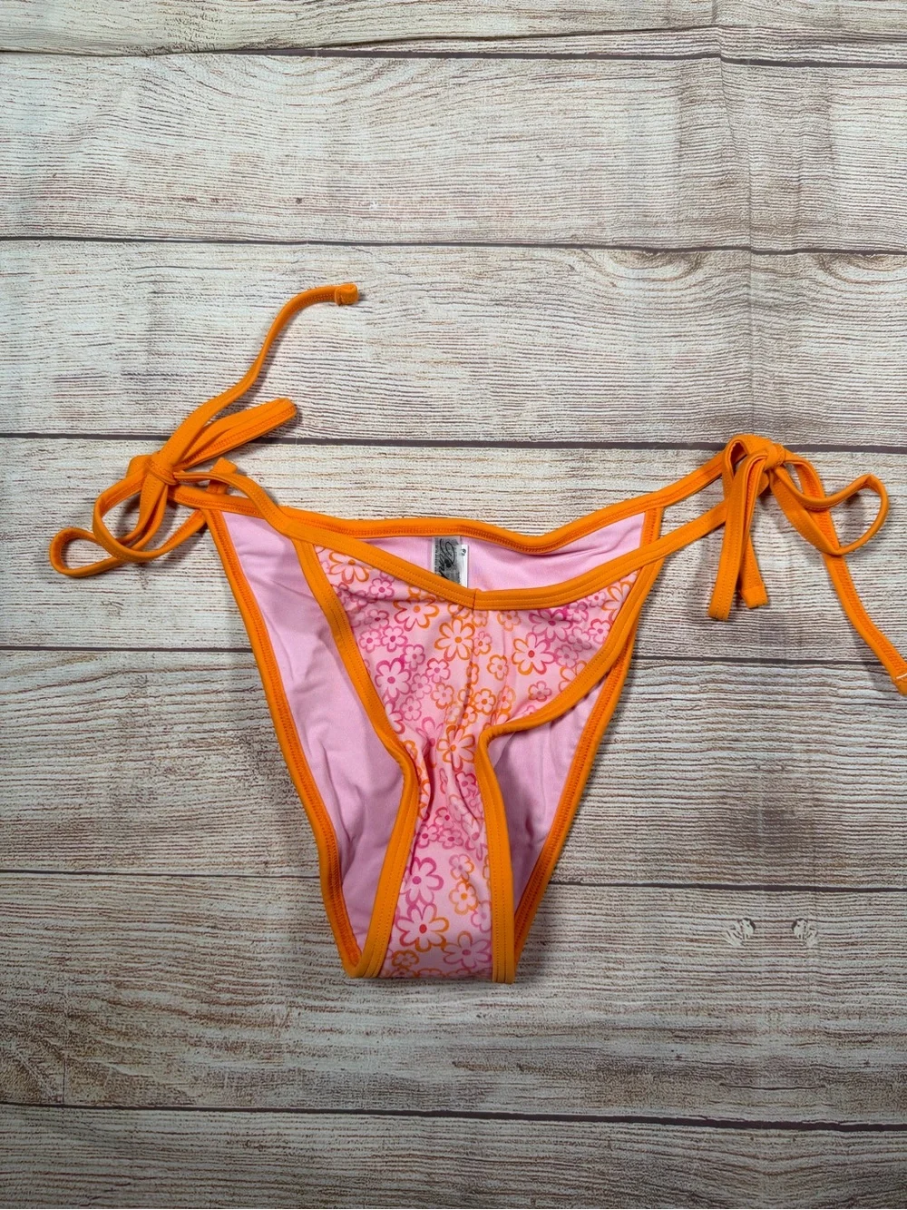 Frankie's Bikinis Pink Floral & Orange Trim Tie-Side Cheeky Bikini Bottom